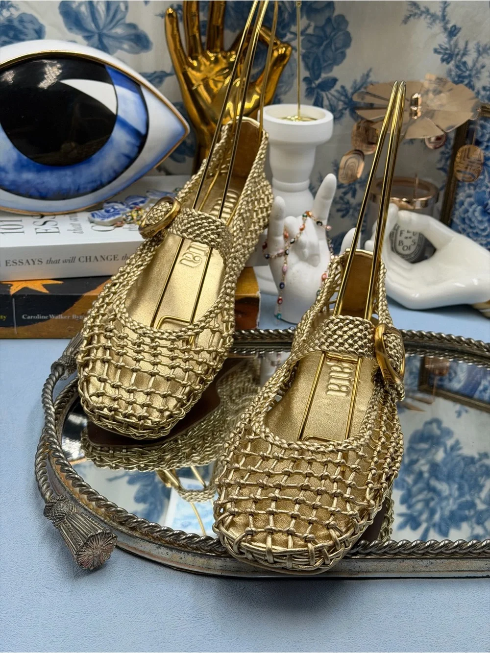 🆕 CULT GAIA 🧿 NWOB Gina Woven Leather Mary Jane Flats, Gold - Sz 37.5 US 7.5